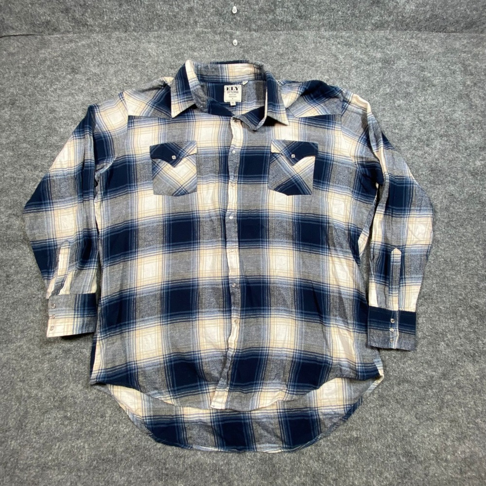 Ely Cattleman Mens XXLT Blue Plaid Flannel Western Pearl Snap‎ Shirt Tall